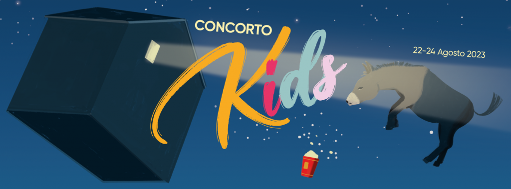 locandina di concorto (disegno di un magico asino volante illuminato dalla cabina proiezioni, anch'essa sospesa in aria) con la scritta colorata "Concorto Kids"..