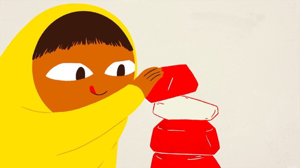 disegno raffigurante un bambino vestito di giallo intento a giocare con alcuni blocchi rossi