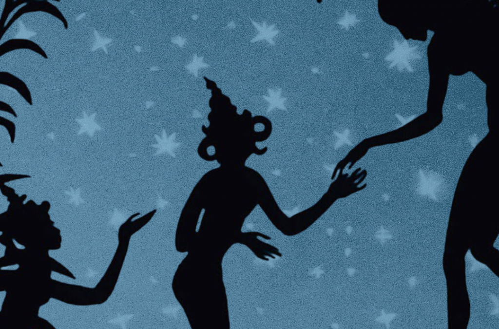 Fotogramma de Le avventure del principe Achmed di Lotte Reiniger, raffigurante tre silhouette nere di donne su sfondo stellato blu