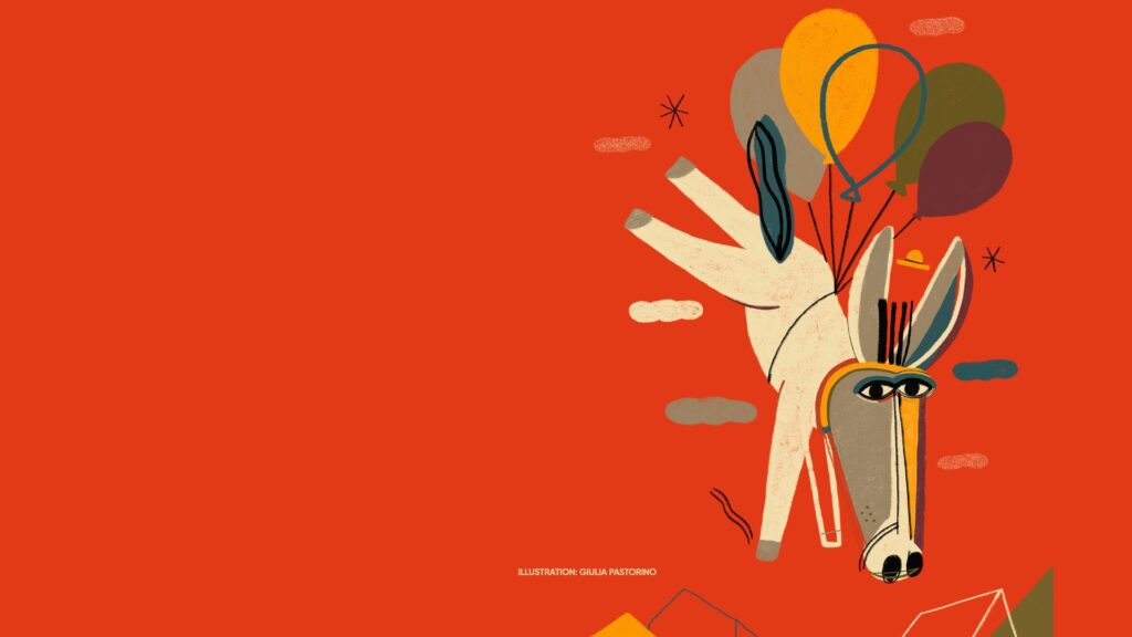 Concorto Forma coinvolge solo in Concorto 20205 90 giovani; in figura la locandina del festival di quest'anno: su sfondo rosso tendente all'arancione, è raffigurato un asino bianco panna con viso grigio e dettagli blu scuro, in volo grazie a palloncini colorati