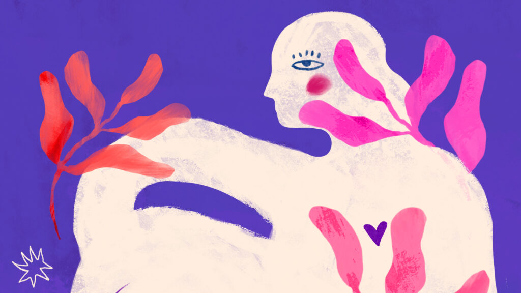 Figura di profilo di colore bianco, astratta, su sfondo viola, copertina per l'articolo Candidati e aiutaci a costruire Concorto
