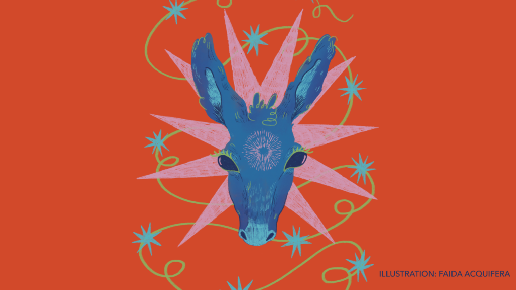 Poster di Concorto 2026: disegno di una testa di asino blu con sfondo rosso mattone. L'asino è contornato da una stella rosa e piccole stelle azzurre. L'illustrazione è a cura dell'artista Faida Acquifera e ha uno stile onirico e sognante.