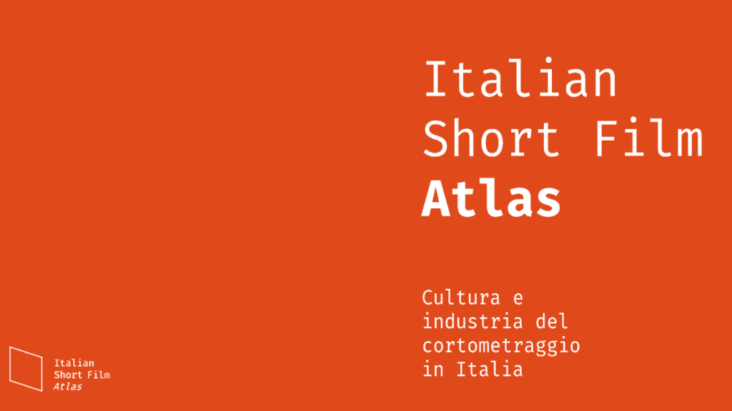 Banner informativo: su sfondo rosso, scritta bianca "Italian short film Atlas - cultura e industria del cortometraggio in Italia"