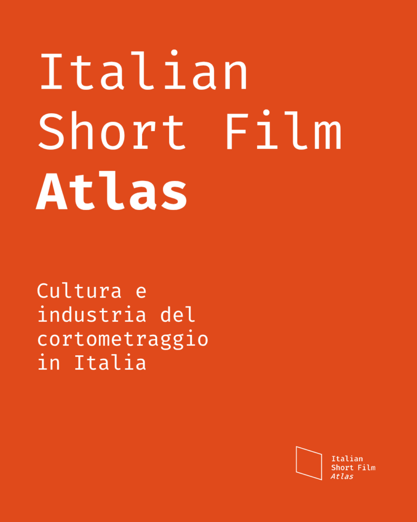 Banner informativo: su sfondo rosso, scritta bianca "Italian short film Atlas - cultura e industria del cortometraggio in Italia"