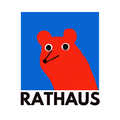 Logo di Rathaus rappresentate un topo disegnato in stile minimal di colore rosso acceso su sfondo blu elettrico